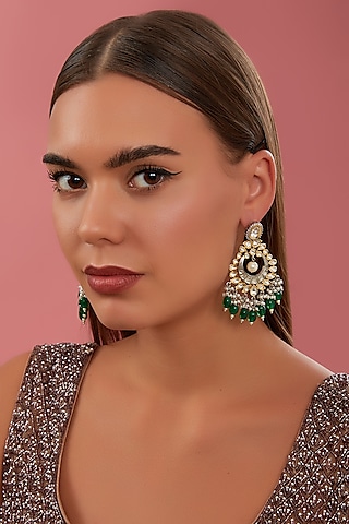 Black Rhodium Finish Kundan Polki & Green Pearl Drop Dangler Earrings by Zevar By Geeta