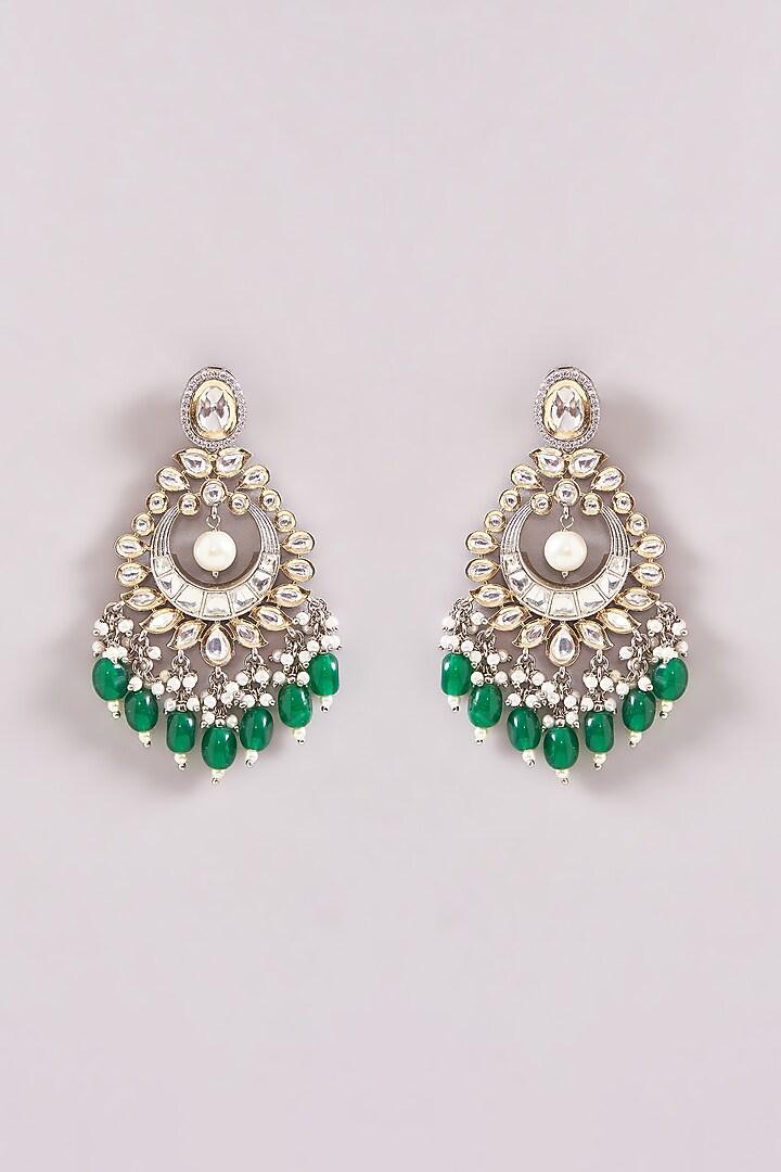 Black Rhodium Finish Kundan Polki & Green Pearl Drop Dangler Earrings by Zevar By Geeta at Pernia's Pop Up Shop