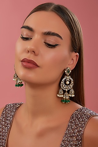 Black Rhodium Finish Kundan Polki & Green Pearl Drop Chandbali Earrings by Zevar By Geeta