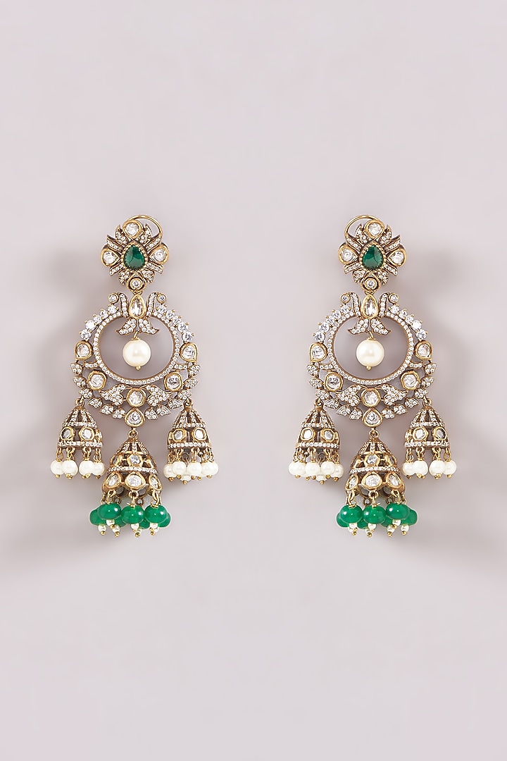 Black Rhodium Finish Kundan Polki & Green Pearl Drop Chandbali Earrings by Zevar By Geeta at Pernia's Pop Up Shop