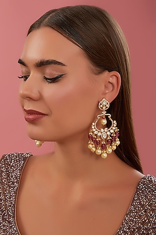 Black Rhodium Finish Kundan Polki & Pink Pearl Drop Dangler Earrings by Zevar By Geeta