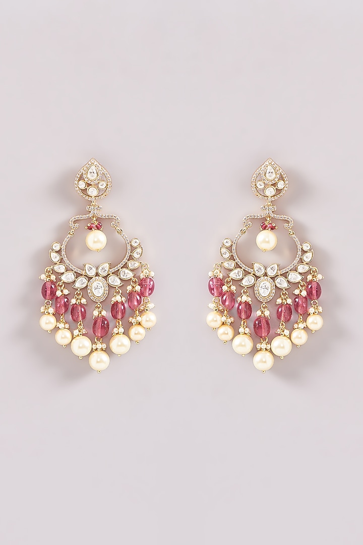 Black Rhodium Finish Kundan Polki & Pink Pearl Drop Dangler Earrings by Zevar By Geeta at Pernia's Pop Up Shop