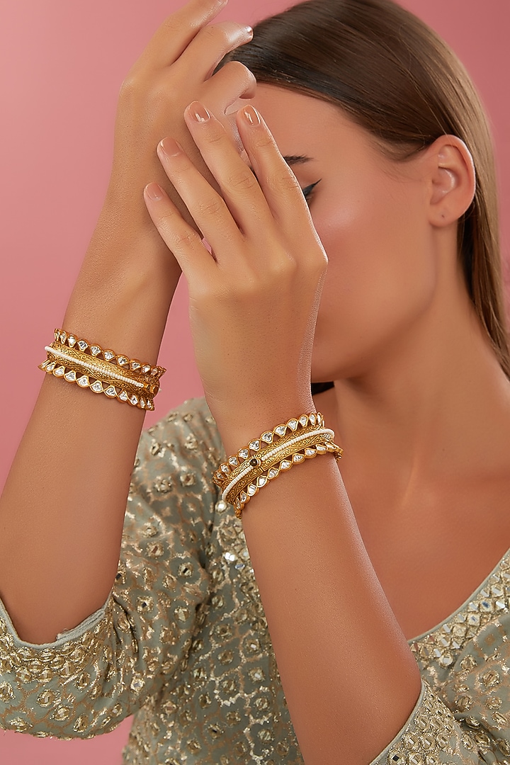 Gold Finish Kundan Polki Kadas (Set of 2) by Zevar By Geeta at Pernia's Pop Up Shop