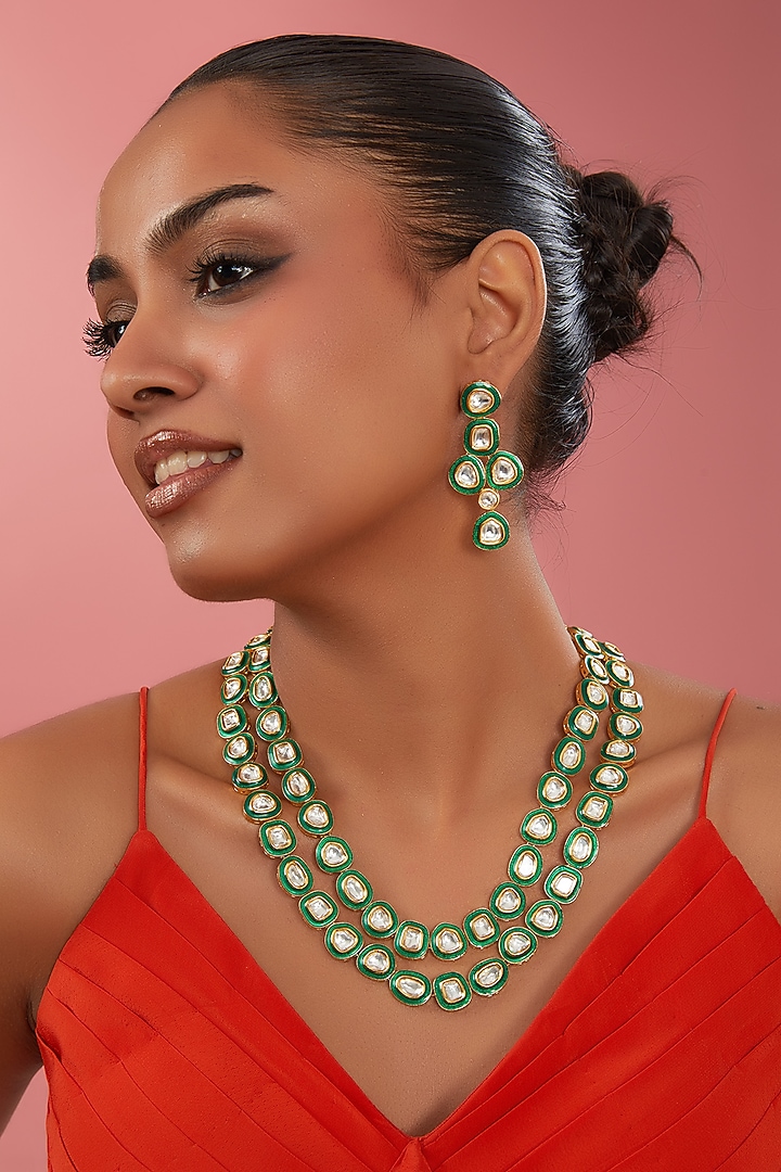 Gold Finish Kundan Polki Meenakari Necklace Set by Zevar By Geeta at Pernia's Pop Up Shop
