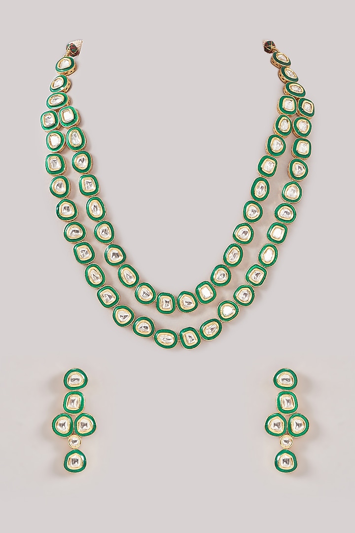 Gold Finish Kundan Polki Meenakari Necklace Set by Zevar By Geeta at Pernia's Pop Up Shop