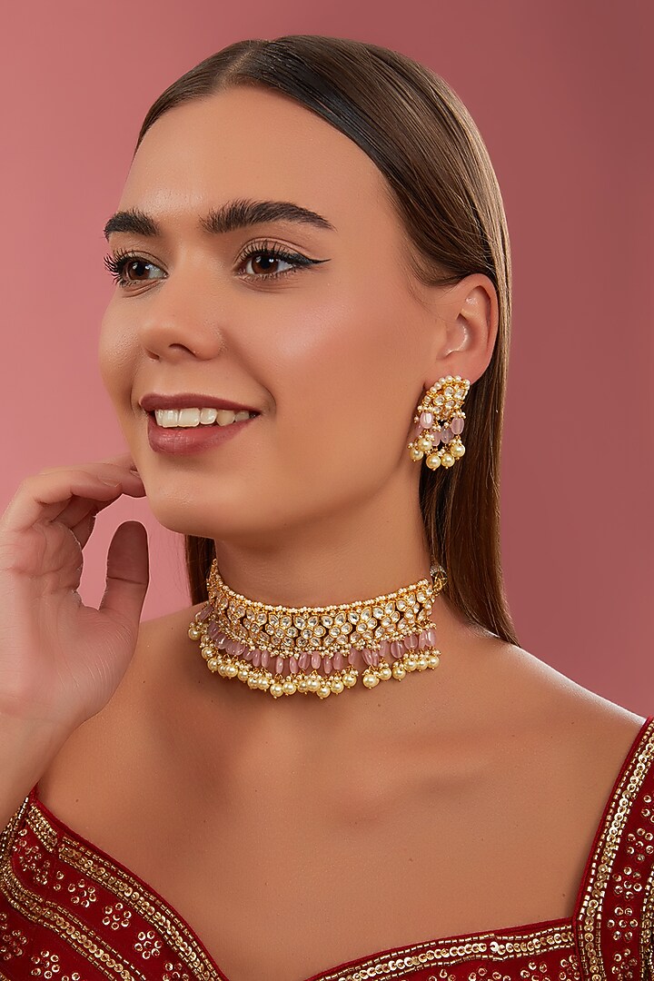 Gold Finish Kundan Polki & Pearl Choker Necklace Set by Zevar By Geeta at Pernia's Pop Up Shop