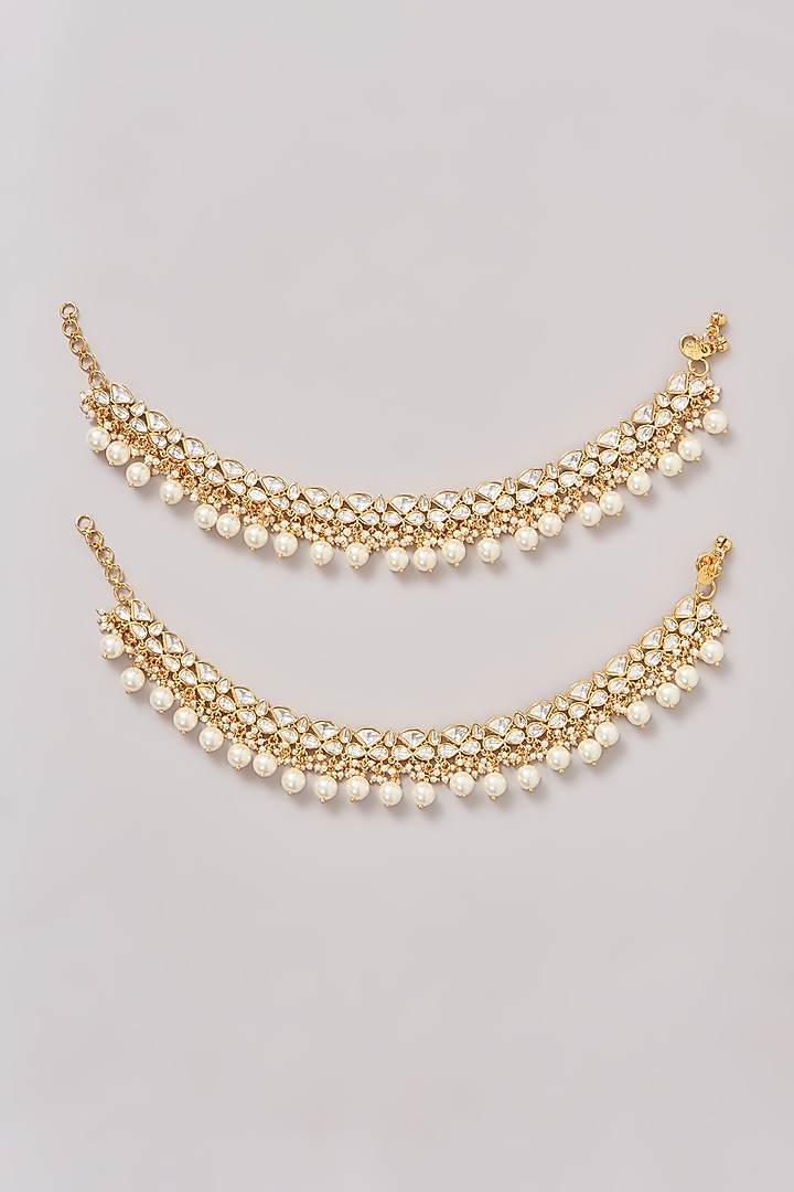 Gold Finish Kundan Polki Anklets (Set Of 2) by Zevar By Geeta at Pernia's Pop Up Shop