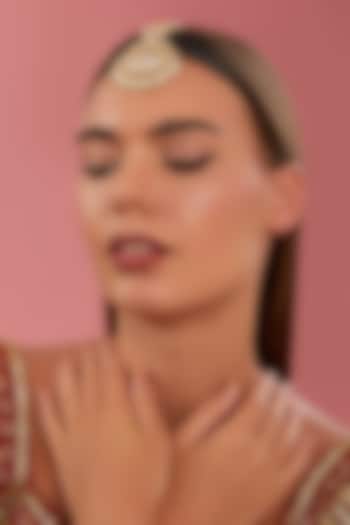 Gold Finish Kundan Polki & Pearl Maangtikka by Zevar By Geeta at Pernia's Pop Up Shop