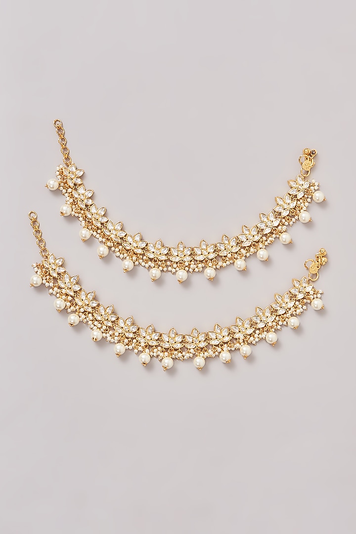 Gold Finish Kundan Polki Anklets (Set Of 2) by Zevar By Geeta at Pernia's Pop Up Shop