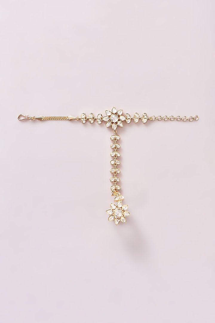 Gold Finish Kundan Polki & Pearl Haath Phool (Set Of 2) by Zevar By Geeta at Pernia's Pop Up Shop