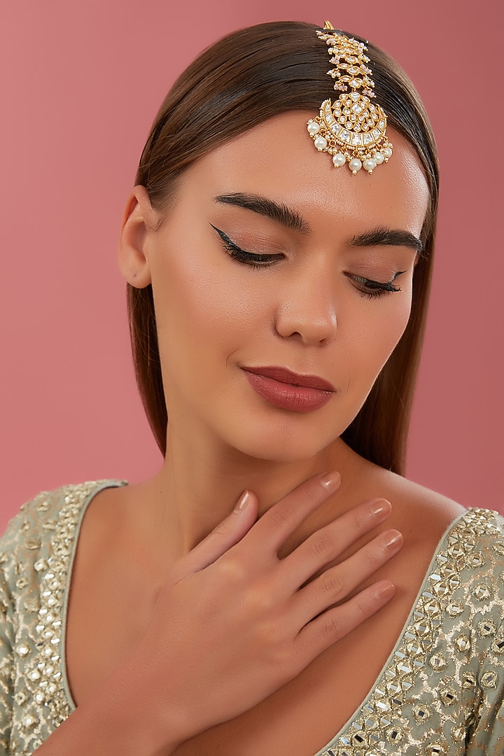 Gold Finish Kundan Polki & Pearl Maangtikka by Zevar By Geeta at Pernia's Pop Up Shop