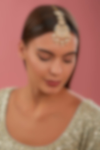 Gold Finish Kundan Polki & Pearl Maangtikka by Zevar By Geeta at Pernia's Pop Up Shop