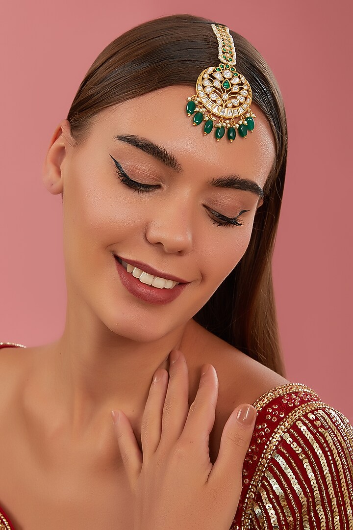 Gold Finish Kundan Polki & Pearl Maangtikka by Zevar By Geeta at Pernia's Pop Up Shop