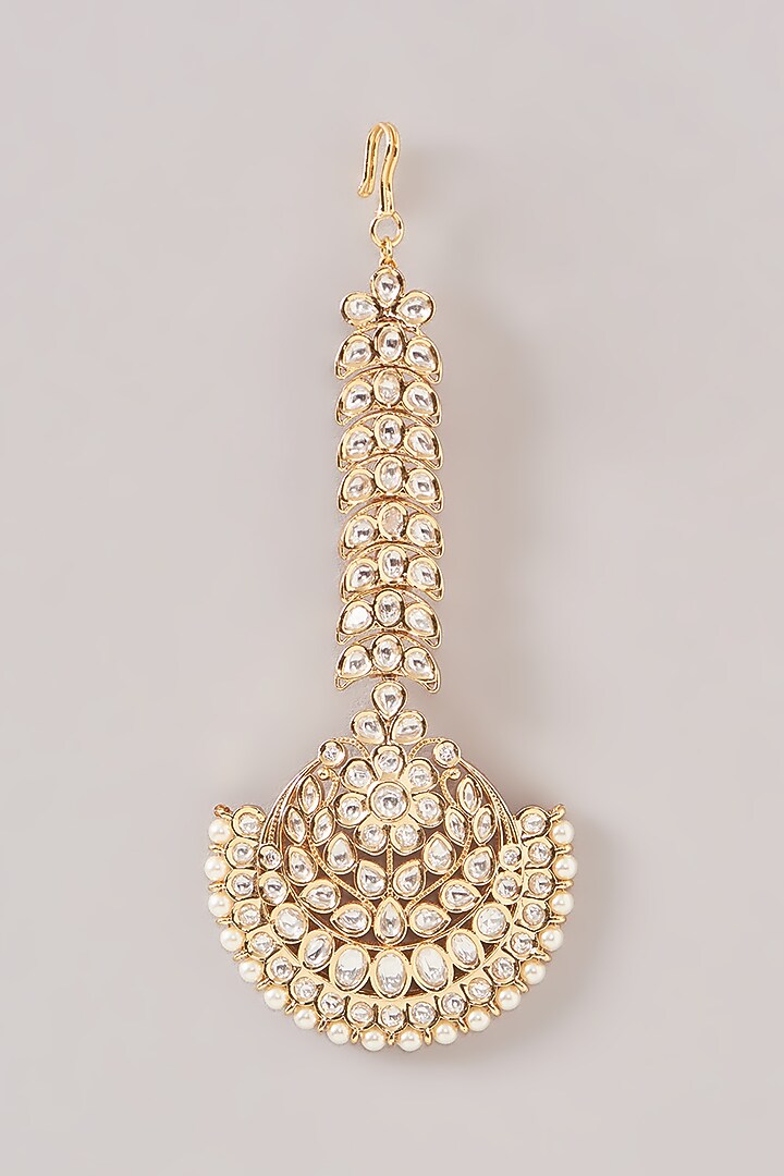 Gold Finish Kundan Polki & Pearl Maangtikka by Zevar By Geeta at Pernia's Pop Up Shop