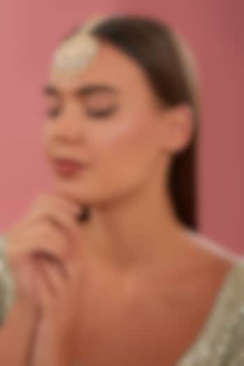 Gold Finish Kundan Polki & Pearl Maangtikka by Zevar By Geeta at Pernia's Pop Up Shop