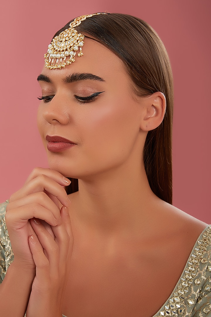 Gold Finish Kundan Polki & Pearl Maangtikka by Zevar By Geeta at Pernia's Pop Up Shop