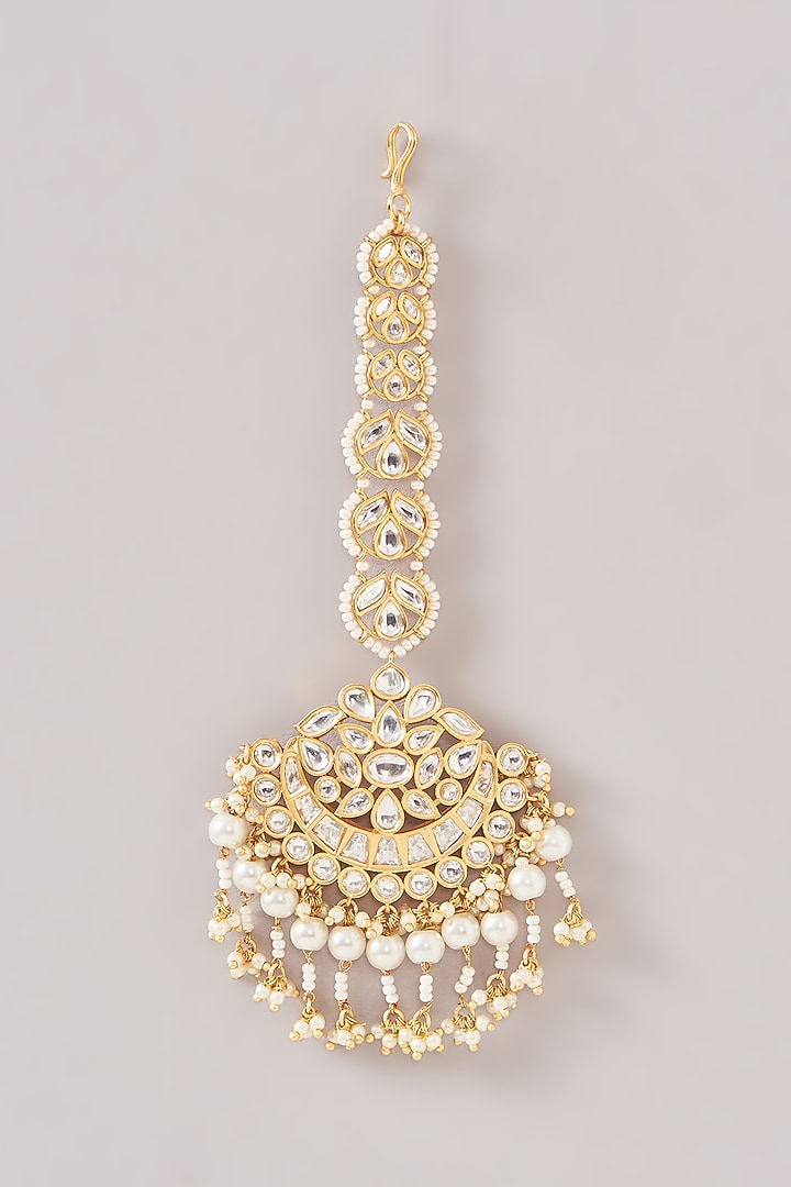 Gold Finish Kundan Polki & Pearl Maangtikka by Zevar By Geeta at Pernia's Pop Up Shop