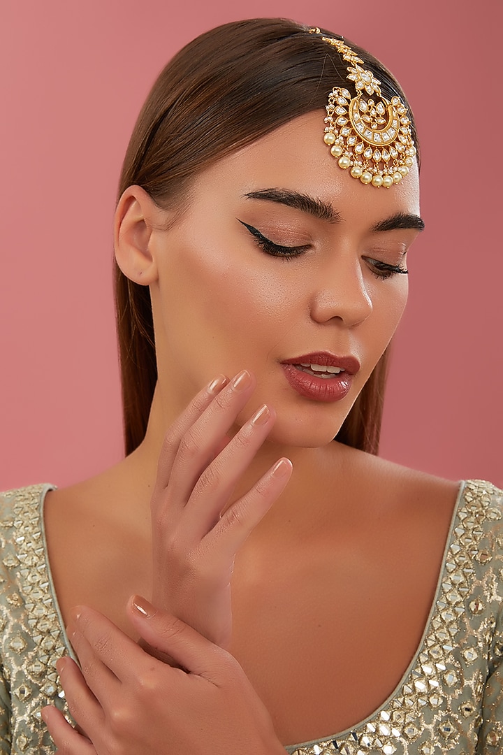 Gold Finish Kundan Polki & Pearl Maangtikka by Zevar By Geeta at Pernia's Pop Up Shop