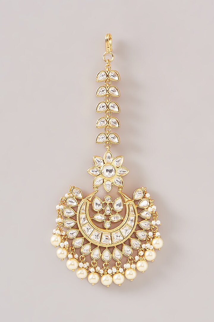 Gold Finish Kundan Polki & Pearl Maangtikka by Zevar By Geeta at Pernia's Pop Up Shop