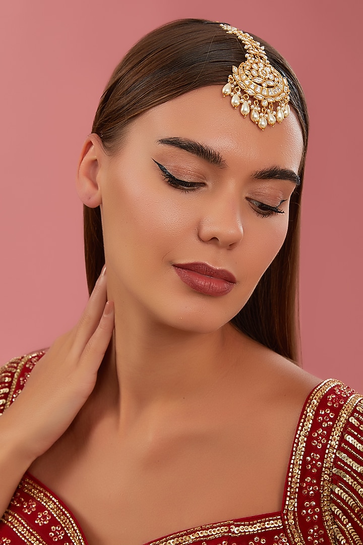 Gold Finish Kundan Polki & Pearl Maangtikka by Zevar By Geeta at Pernia's Pop Up Shop