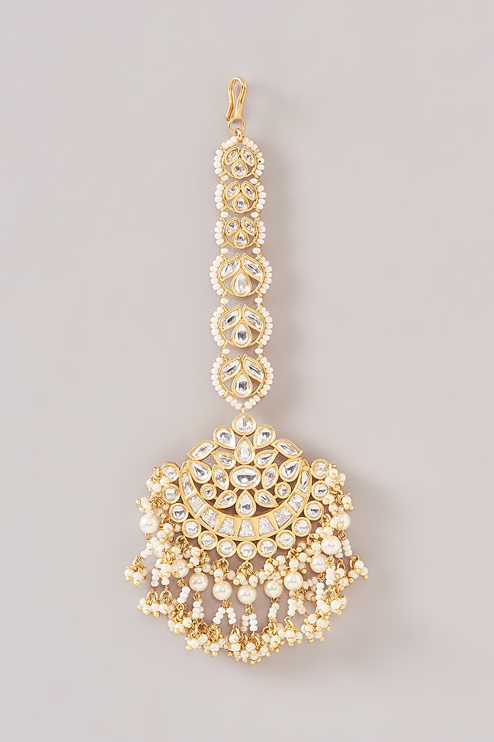 Gold Finish Kundan Polki & Pearl Maangtikka by Zevar By Geeta at Pernia's Pop Up Shop