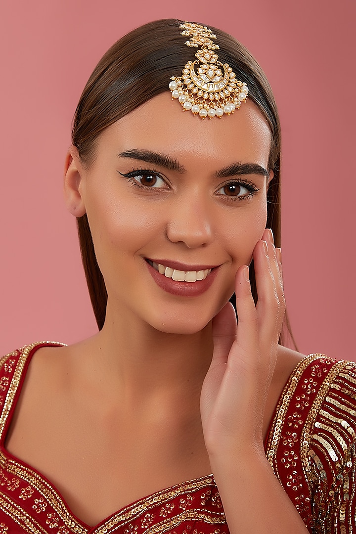 Gold Finish Kundan Polki & Pearl Maangtikka by Zevar By Geeta at Pernia's Pop Up Shop
