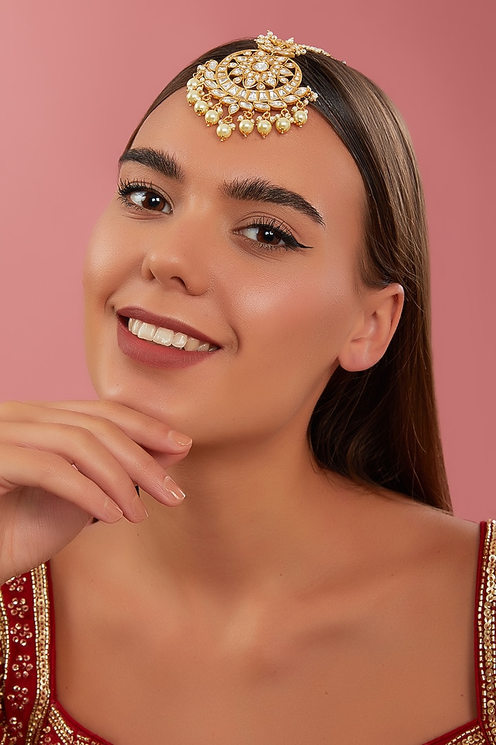 Gold Finish Kundan Polki & Pearl Maangtikka by Zevar By Geeta at Pernia's Pop Up Shop