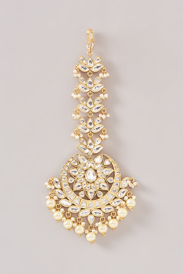 Gold Finish Kundan Polki & Pearl Maangtikka by Zevar By Geeta at Pernia's Pop Up Shop
