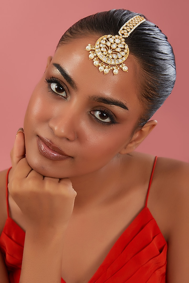 Gold Finish Kundan Polki & Pearl Maangtikka by Zevar By Geeta at Pernia's Pop Up Shop
