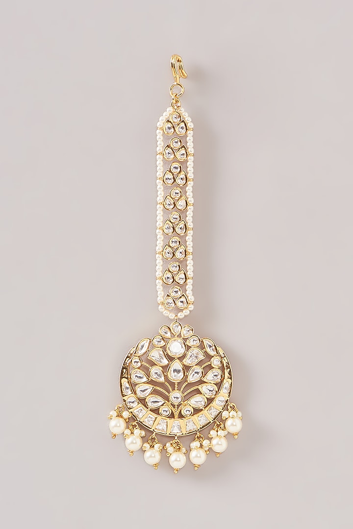 Gold Finish Kundan Polki & Pearl Maangtikka by Zevar By Geeta at Pernia's Pop Up Shop