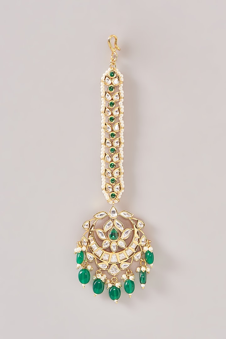 Gold Finish Kundan Polki & Pearl Maangtikka by Zevar By Geeta at Pernia's Pop Up Shop