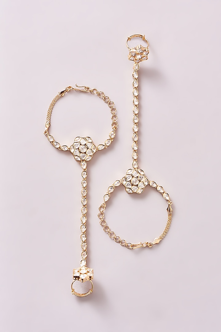 Gold Finish Kundan Polki & Pearl Hathphools (Set Of 2) by Zevar By Geeta at Pernia's Pop Up Shop