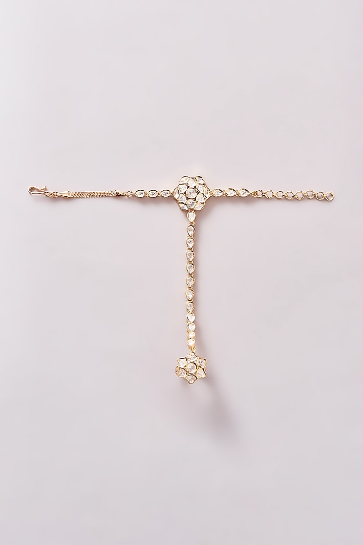 Gold Finish Kundan Polki & Pearl Hathphools (Set Of 2) by Zevar By Geeta at Pernia's Pop Up Shop