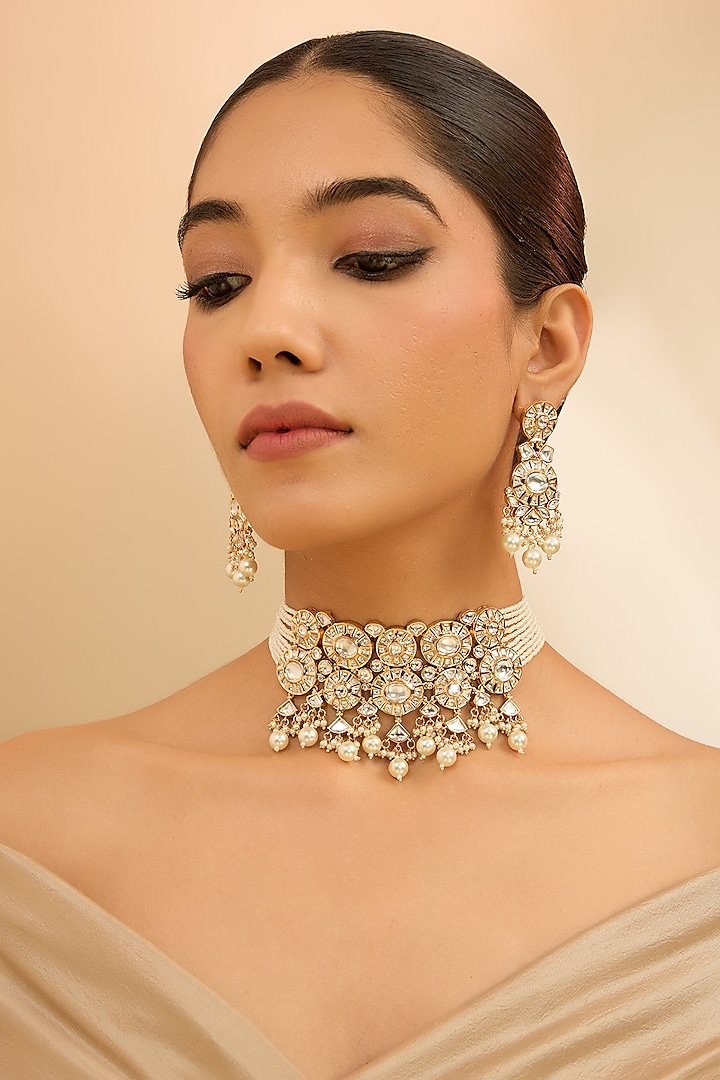 Gold Finish Kundan Polki Choker Necklace Set by Zevar By Geeta at Pernia's Pop Up Shop