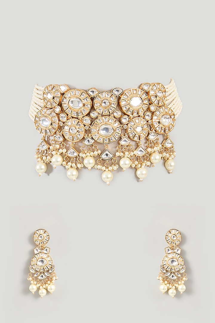 Gold Finish Kundan Polki Choker Necklace Set by Zevar By Geeta at Pernia's Pop Up Shop