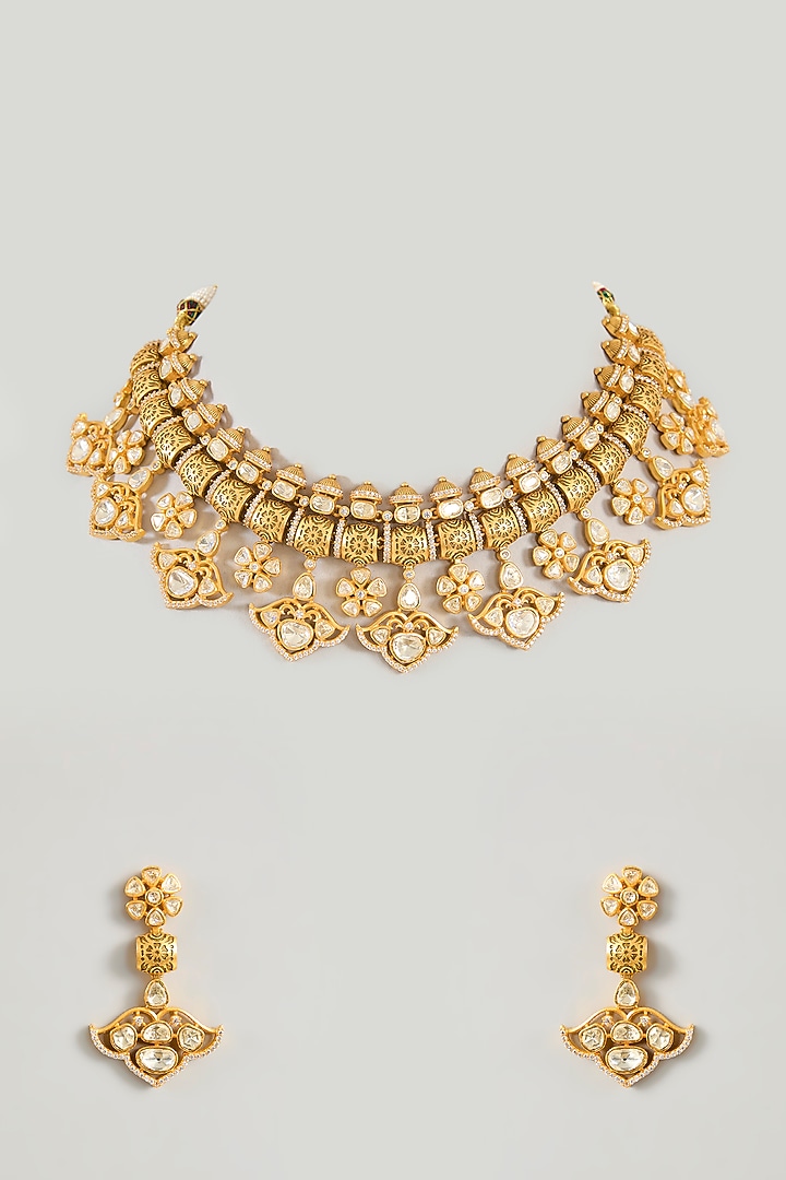 Gold Finish Moissanite Stone Necklace Set by Zevar By Geeta at Pernia's Pop Up Shop