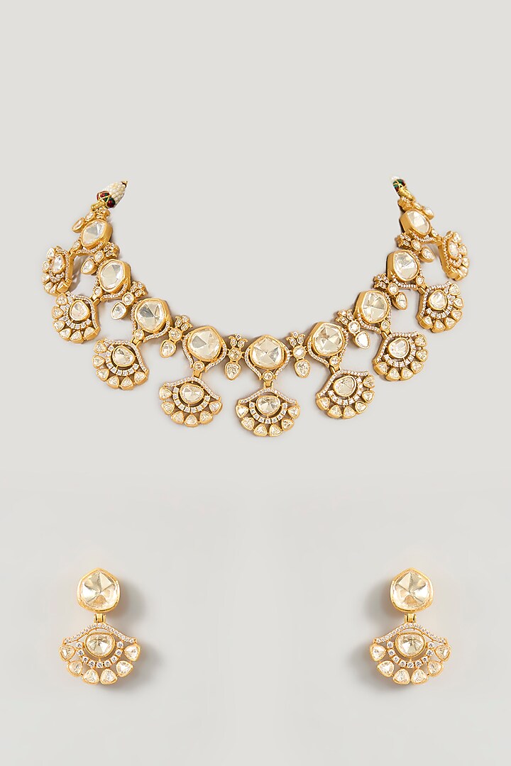Gold Finish Moissanite Stone Necklace Set by Zevar By Geeta at Pernia's Pop Up Shop