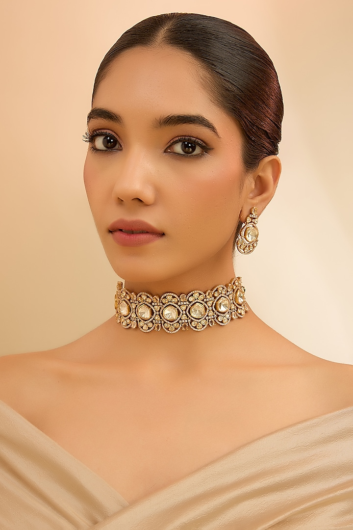 Gold Finish Moissanite Stone Choker Necklace Set by Zevar By Geeta at Pernia's Pop Up Shop