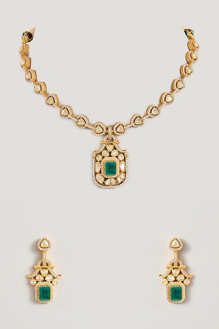 Gold Finish Moissanite & Green Stone Pendant Necklace Set by Zevar By Geeta at Pernia's Pop Up Shop