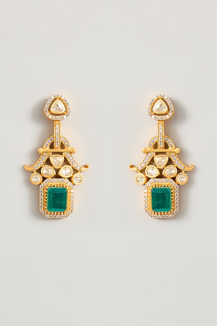 Gold Finish Moissanite & Green Stone Pendant Necklace Set by Zevar By Geeta at Pernia's Pop Up Shop