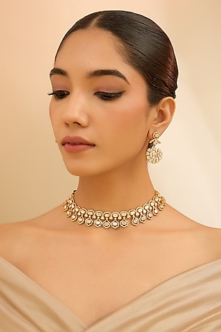 Gold Finish Moissanite Stone Necklace Set by Zevar By Geeta