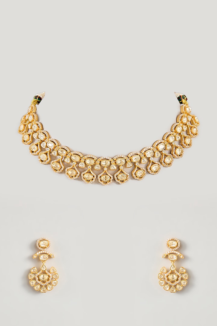 Gold Finish Moissanite Stone Necklace Set by Zevar By Geeta at Pernia's Pop Up Shop