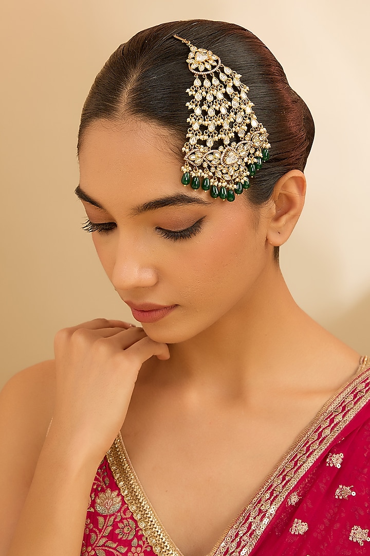 Two Tone Finish Kundan Polki & Green Beaded Pasa by Zevar By Geeta at Pernia's Pop Up Shop