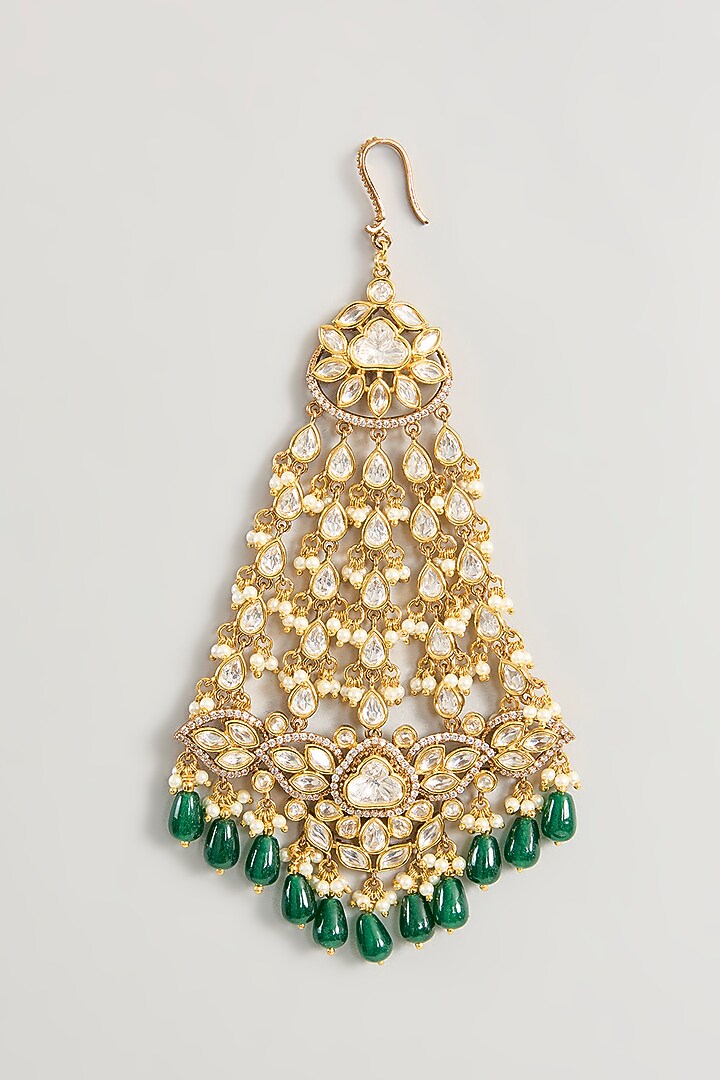 Two Tone Finish Kundan Polki & Green Beaded Pasa by Zevar By Geeta at Pernia's Pop Up Shop