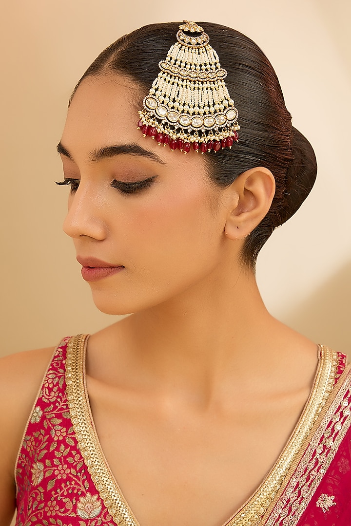 Gold Finish Kundan Polki & Red Beaded Pasa by Zevar By Geeta at Pernia's Pop Up Shop