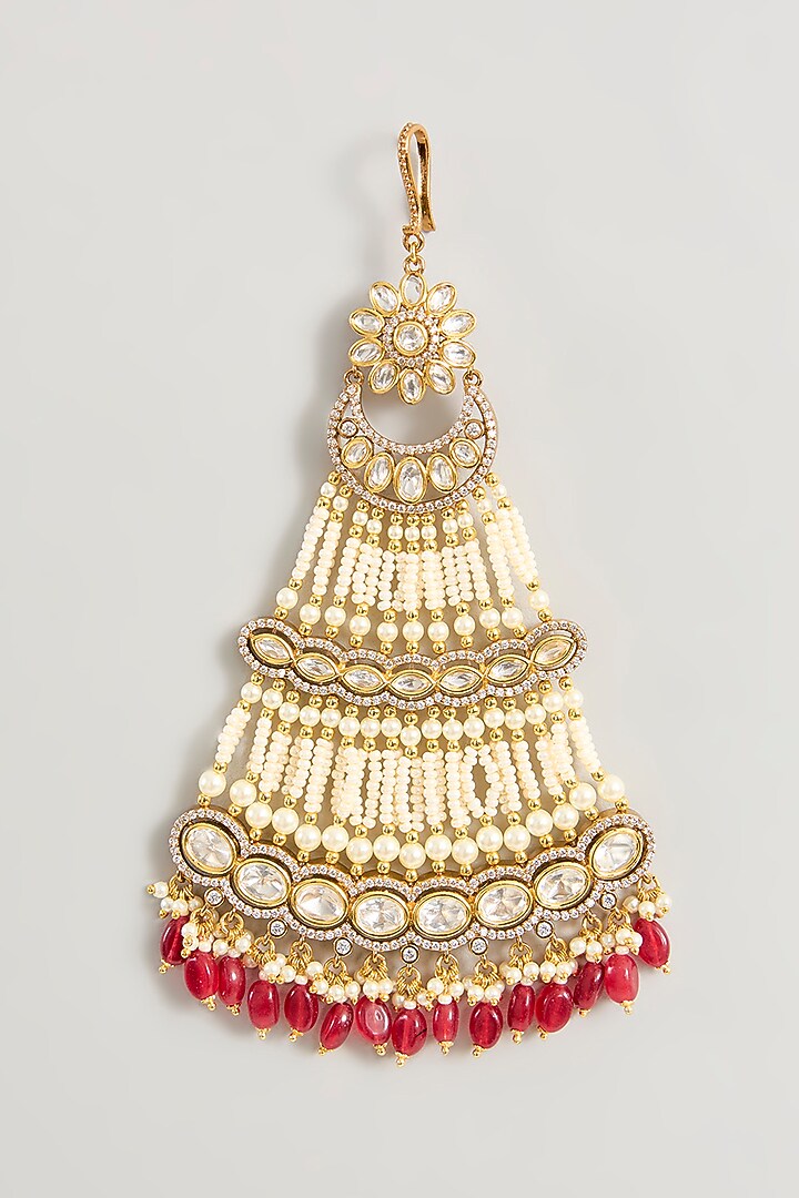 Gold Finish Kundan Polki & Red Beaded Pasa by Zevar By Geeta at Pernia's Pop Up Shop