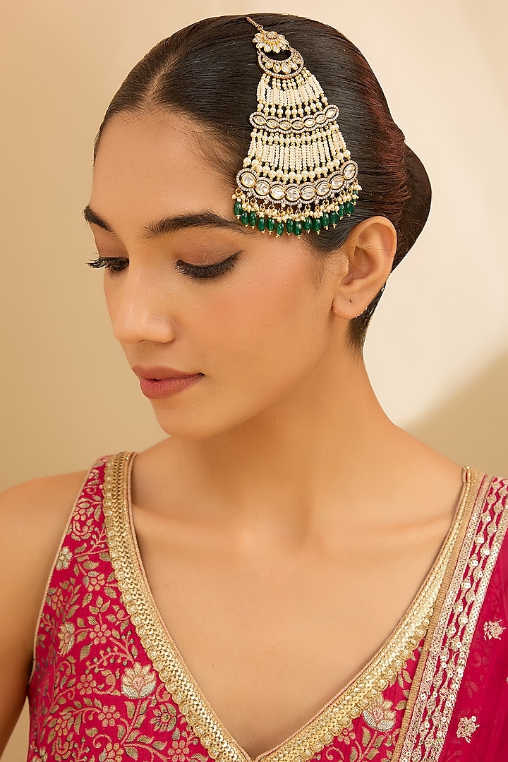 Gold Finish Kundan Polki & Green Beaded Pasa by Zevar By Geeta at Pernia's Pop Up Shop