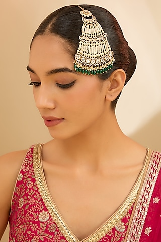 Gold Finish Kundan Polki & Green Beaded Pasa by Zevar By Geeta