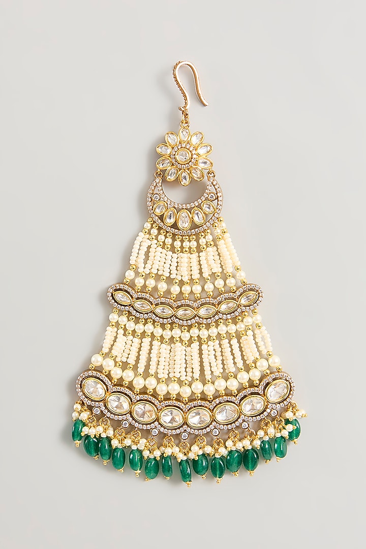Gold Finish Kundan Polki & Green Beaded Pasa by Zevar By Geeta at Pernia's Pop Up Shop