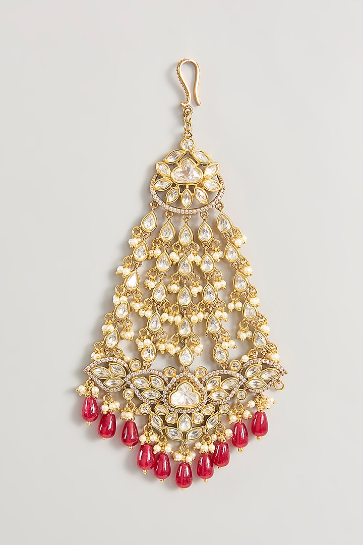 Two Tone Finish Kundan Polki & Red Beaded Pasa by Zevar By Geeta at Pernia's Pop Up Shop
